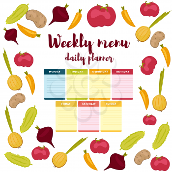 Paper note week healthy eating, daily routine. Breakfast, lunch, dinner. Weekly menu calendar. Template shopping list product and vegetables. Planner Vector.