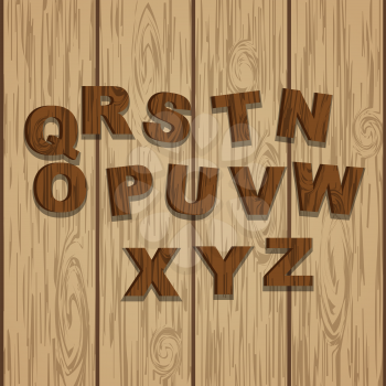 Second half colored grunge wooden alphabet, vector set with letters, ready for text message title or logos on wooden laminate background. Rings of tree.