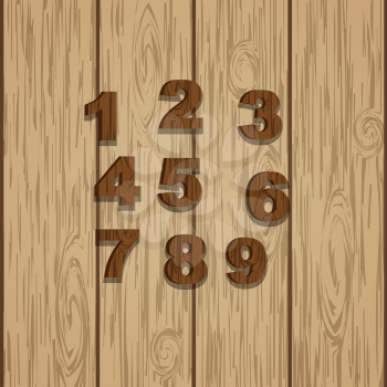 Grunge wooden colored numbers, vector set with numeral characters, ready for text message title or logos on wooden laminate background. Rings of tree.