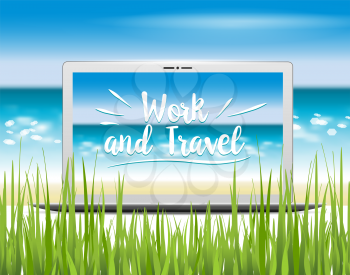 Realistic computer monitor, laptop, located on the sandy beach on the ocean. Work and travel lettering. Vector illustration