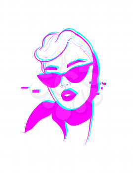 Glitch woman fashion portrait. Glitch effect modern silhouette face. Neon colors pop art design. Cyberpunk model in glasses salon sketch.