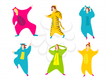 Pajama party. Happy friends in pajamas costume sleepwear. Trendy flat people vector illustration. Cute cartoon character unicorn. Birthday party. Cartoon happy dancing isolated people.