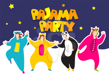 Pajama party. Happy friends in pajamas costume sleepwear. Trendy flat people vector illustration. Cute cartoon character unicorn, panda. Birthday party invitation. Cartoon happy dancing people.