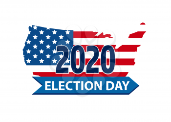 Vote 2020 in USA, banner design. American flag patriotic background election day. Usa debate of president voting. Election voting poster. Political election campaign. Silhouette of USA country flag logo.