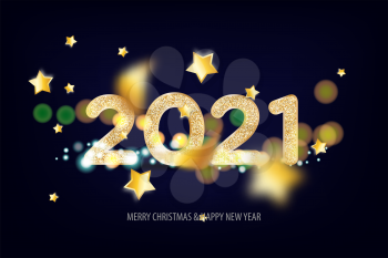 2021 Happy New Year. Tradicional lettering text for Happy New Year or Merry Christmas. Holiday background with golden bokeh number 2021. Dark vector Illustration