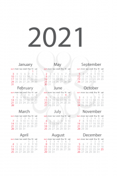 2021 monthly calendar template isolated on white background. Time organizing schedule in grey colors. Classical usa calendar with standard weekly block module. Vertical 2021 calendar vector illustration.
