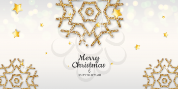 Merry Christmas and Happy New Year holiday invite poster. Golden snowflakes shimmer on light background. Christmas confetti rich sparkle flyer. Elegant white Xmas glitter effect.