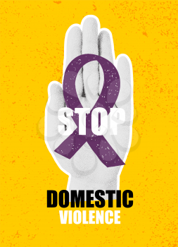 Domestic violence pop art banner on yellow background. Abstract violence domestic halftone vector illustration. Stop sign human hand with ribbon. Poster against crime. Stop domestic abuse.