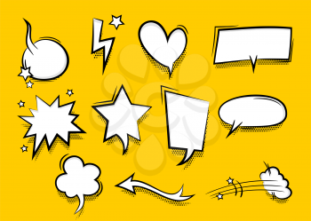 Speech bubble for comic text isolated on yellow background. Empty white outline. Dialog empty cloud, cartoon box. Speech bubble tag.