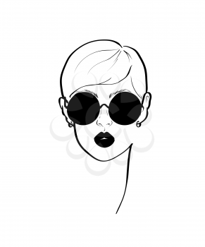 Fashion monochrome design sketch woman in style pop art. Glamour woman in black sunglasses lips. Black mouth speed girl fashion sketch.