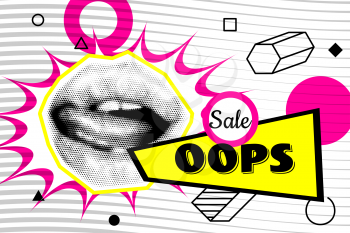 Banner for sale. Modern trendy hipster pop art open mouth halftone with geometric yellow elements. 80s-90s line shape vintage style. Memphis vector graphic dot, line, circle.