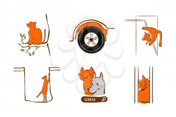 Vector illustration design for pet rescue service. Cat stuck at window, tree, in hole sleeping on wheel a car. Set of pictograms - trouble with domestic cat. Care and help animal in trouble.