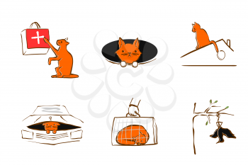 Vector illustration design for pet rescue service. The Cat injured its paw, fell into a hole, crawled under hood car. Set of pictograms - trouble with domestic cat. Care and help animal in trouble.