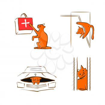 Vector illustration design for pet rescue service. The Cat injured its paw, stuck window and wall, crawled under hood car. Set pictograms - trouble with domestic cat. Care and help animal in trouble.