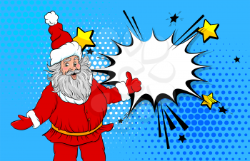 Funny old Santa show speech bubble pop art style. Retro christmas party greeting card. Comic book text vector illustration. Merry Christmas Santa holiday background. Comic character Xmas santa claus