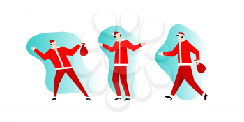 Santa Claus in red costume happy dancing. Christmas Santa with gift cartoon flat style figure. Christmas party quirky man dancer. Set of xmas holiday vector illustration isolated on white background.