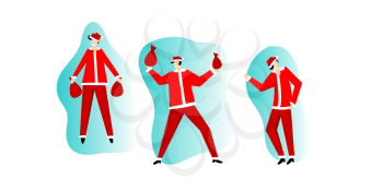 Santa Claus in red costume happy dancing. Christmas Santa with gift cartoon flat style figure. Christmas party quirky man dancer. Set of xmas holiday vector illustration isolated on white background.