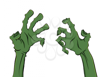 Cartoon zombie hand for flyer party design. Happy halloween, hand lettering. Halloween party. Zombie hand isolated on white background. Comic text sketch cartoon style. Green monster arm.