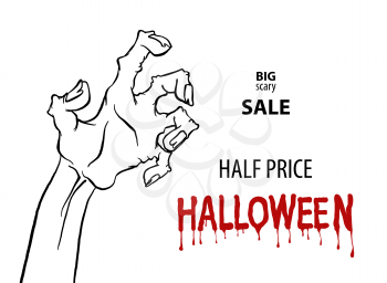 Cartoon monochrome zombie hand for flyer sale design. Happy halloween outline arm. Happy Halloween. Zombie hand isolated background. Comic text sketch cartoon style. Monster arm.