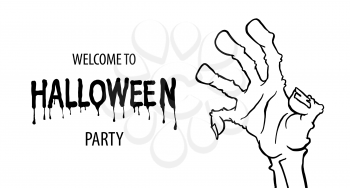 Cartoon monochrome zombie hand for flyer party design. Happy halloween outline arm. Happy Halloween. Zombie hand isolated background. Comic text sketch cartoon style. Monster arm.
