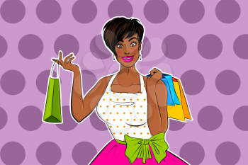 Beautiful black african pop art girl in halftone dress with big bow go to shopping. Housewife hold in hand shop bag. Shocked emotions. Cartoon black woman smiling on pink halftone background.