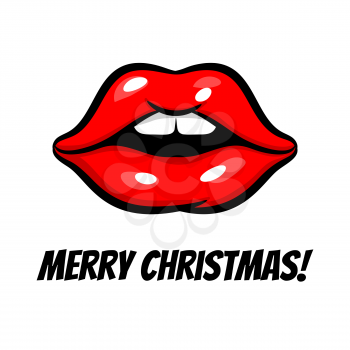 Surprised Merry Christmas red woman lips in pop art style isolated on white background. Vintage cartoon pop art surprise girl pink lips.