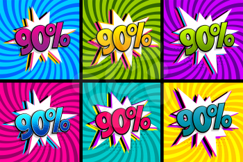Comic text 90 percent quality set. Colored speech bubble on radial background. Comics book explosion wow boom offer collection. Halftone radial vintage. Promo sale ninety percent poster