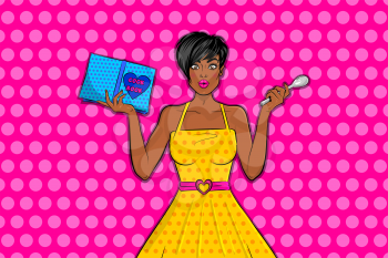 Beautiful black pop art girl surprised face hold cooking book and try cooking. Bright fashionable vector illustration of emotions. Cartoon black woman in yellow dress pop art on pink halftone background.