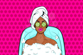 Beautiful black pop art girl lies in bath. Cartoon black woman in soapsuds bubble in the bath pop art on pink halftone background. On her eyes of pieces of cucumber mask.