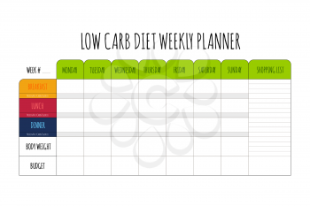 Colored cute diet weekly planner isolated on white background. Food menu plan for diet. Daily schedule template for cooking meals. Week plan low carb menu notes.