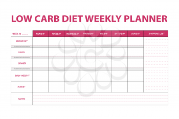 Pink diet weekly planner isolated on white background. Food menu plan for diet. Daily schedule template for cooking meals. Week plan low carb menu notes.