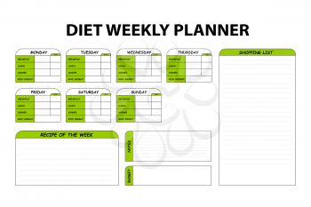 Colored cute diet weekly planner isolated on white background. Food menu plan for diet. Daily schedule template for cooking meals. Week plan low carb menu notes.