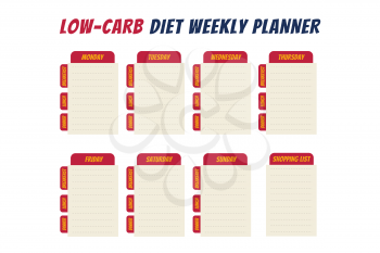 Comics text diet weekly planner isolated on white background. Food menu plan for diet. Daily schedule template for cooking meals. Week plan low carb menu notes.