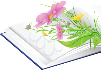 open book with pink flowers and green grass on a white background