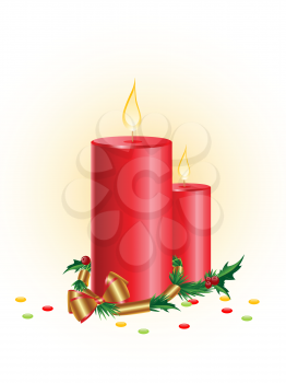 Christmas background with red candle and golden ribbon