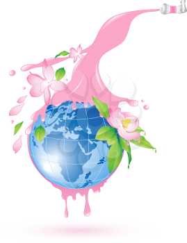 flowering planet with splashes of pink paint and flowers