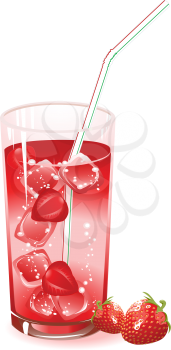 glass with drink, strawberry and ice isolated on a white background