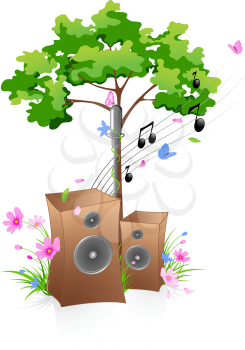 Music background with green tree, flowers and butterfly