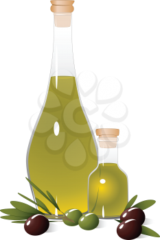 Bottle with olive oil, olive branch and olives