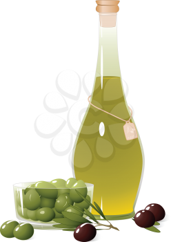 Bottle with olive oil, olive branch and olives in a bowl