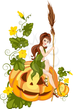 girl sitting on a halloween pumpkin isolated on white background