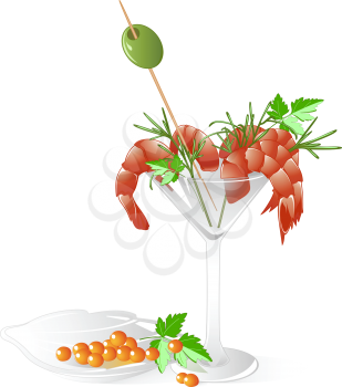 shrimps and red caviar  in a crystal tableware with leaves of parsley, olive and dill