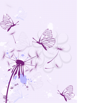 Background with butterflies, dandelion and blots