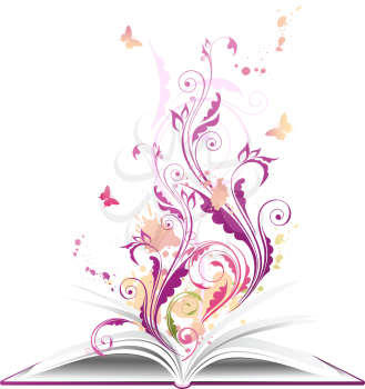 background with open book, floral ornament and butterflies