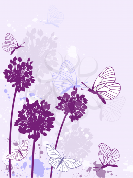 violet floral background with butterflies and blots