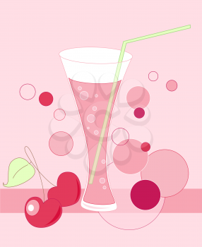 glass with drink and cherry on a pink background