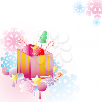 white Christmas background with gift, candies and snowflakes