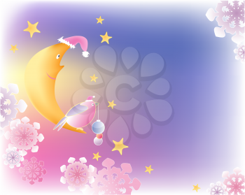 Christmas background with moon,bird and snowflakes
