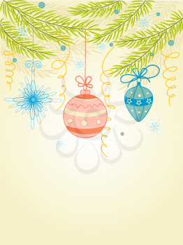 vector Christmas background with fir,  snowflakes and decorations 