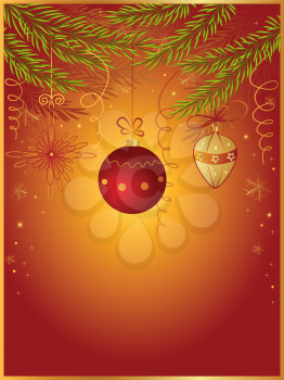 red Christmas background with fir and  snowflakes 
